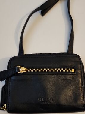 Perlina Black Leather Crossbody with Gold Zip Accent